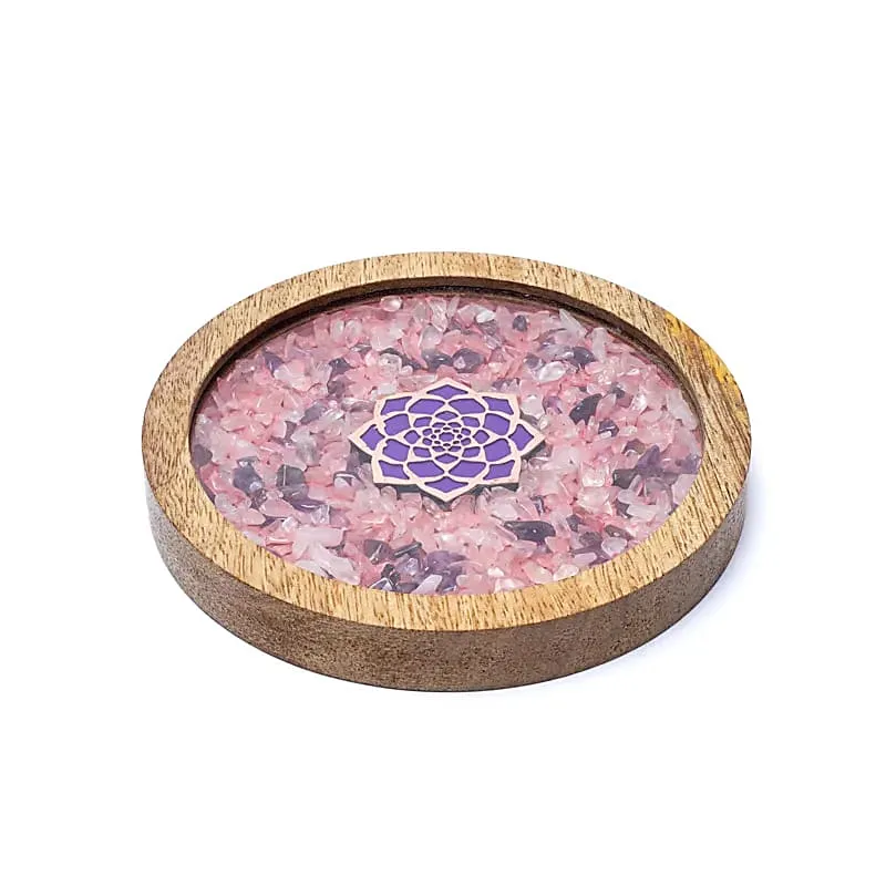 Onderzetter hout Lotus, rozenkwarts & amethist
