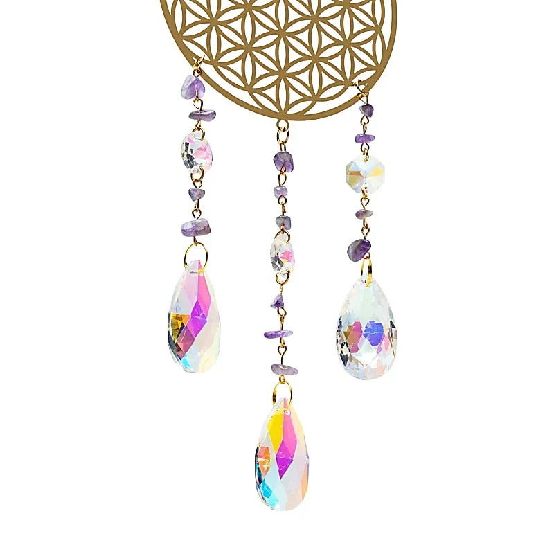 Suncatcher met flower of life, goud en amethist