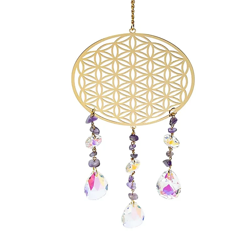 Suncatcher met flower of life, goud en amethist