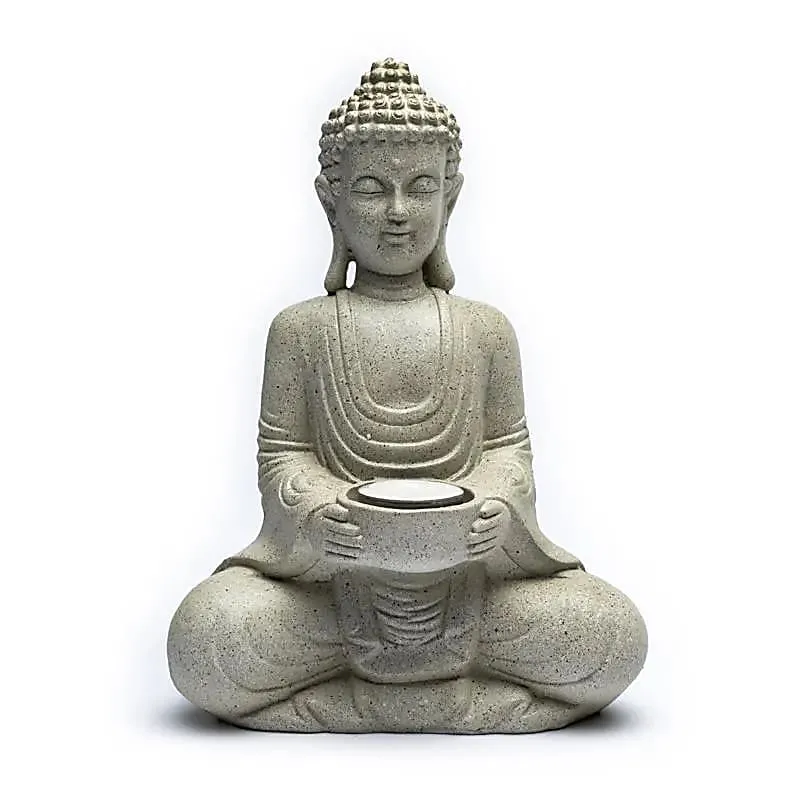 Meditatie Boeddha met kaarshouder steengrijs
