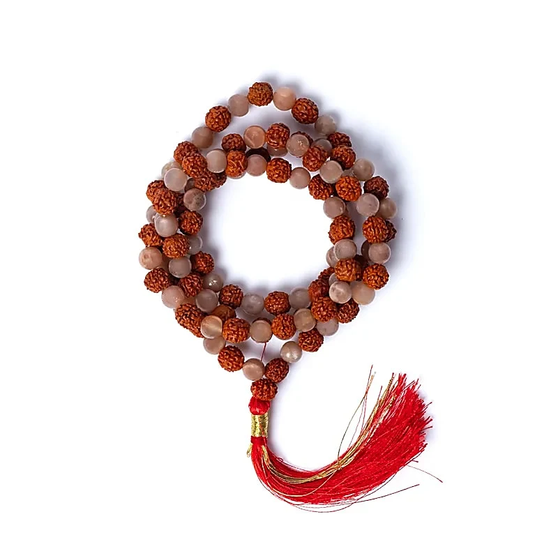 Mala perzik maansteen/ rudraksha AA kwaliteit in zakje