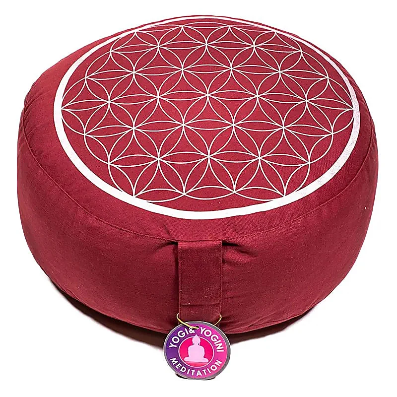 Meditatiekussen rood/zilver levensbloem opdruk