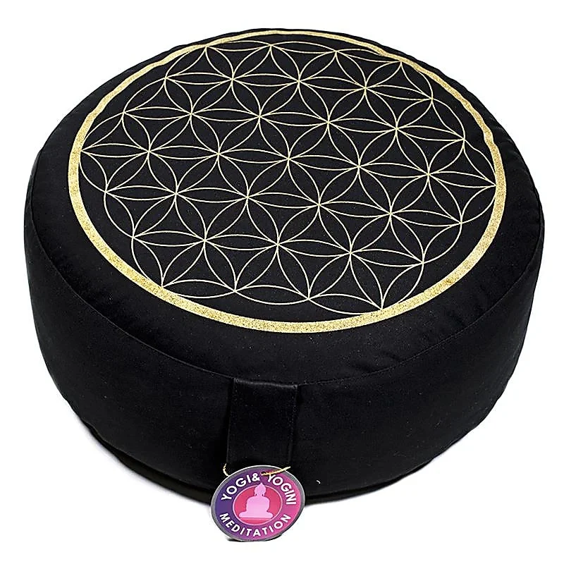 Meditatiekussen zwart/goud levensbloem opdruk