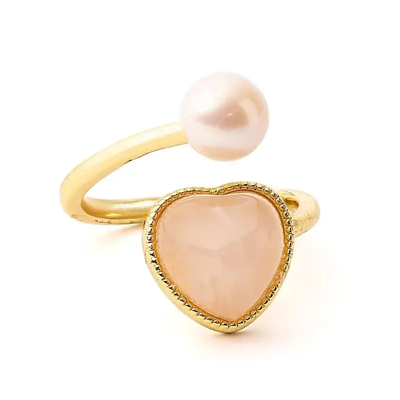 Verstelbare ring met parel en rozenkwarts hart