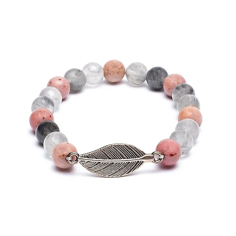 Mala/armband rhodoniet/ grijze kwarts + veer