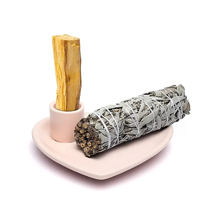 Keramische smudgeschaal en palo santo brander hartvorm pastelroze