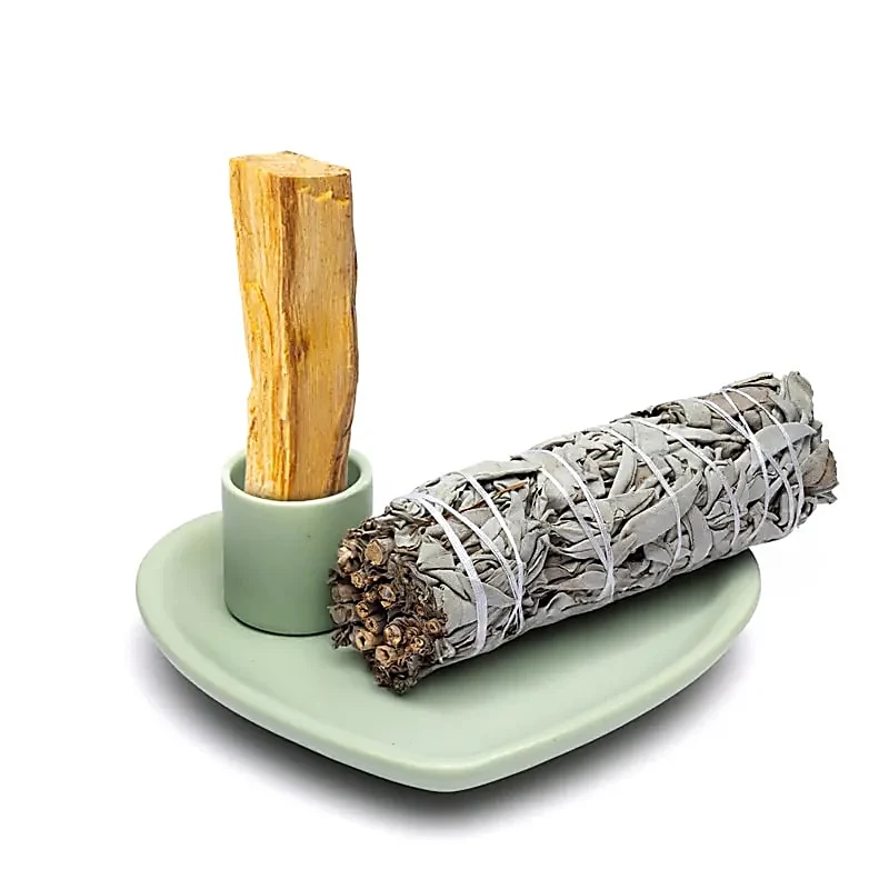 Keramische smudgeschaal en palo santo brander hartvorm pastelgroen