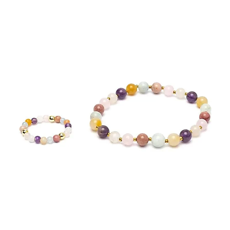 Set armband + ring met goudkleurige kralen Pasteltinten