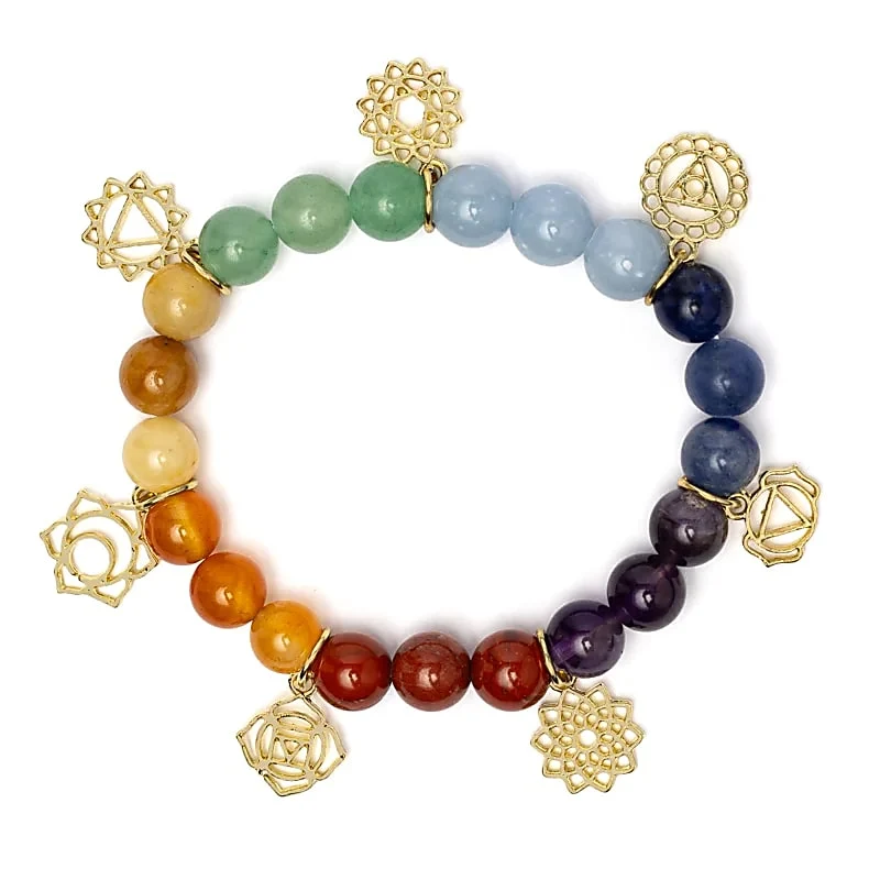 Bedelarmband met chakra-symbolen en chakra stenen