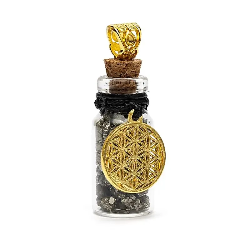 Geschenkflesje aan koord met pyriet en Bloem des Levens