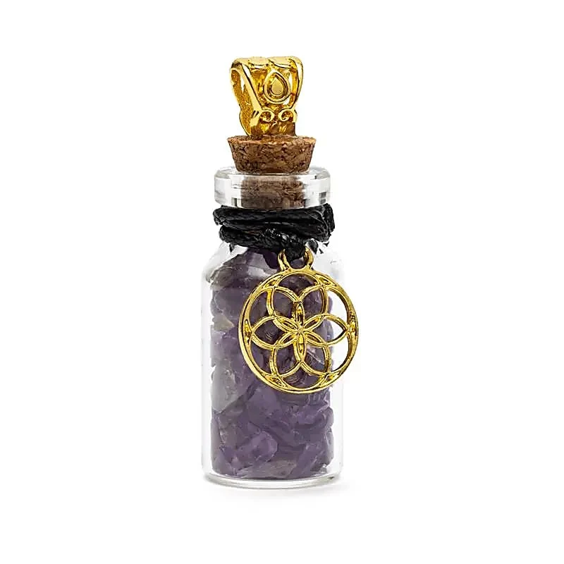 Geschenkflesje aan koord met amethist en Seed of Life