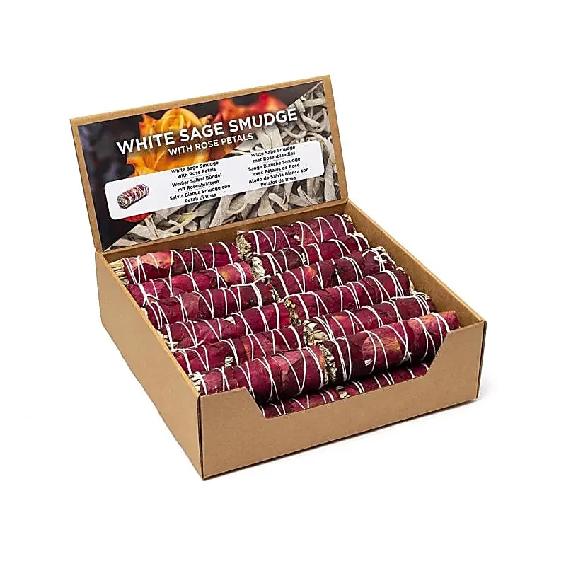 Witte salie smudge met rozenblaadjes S per 24 in display