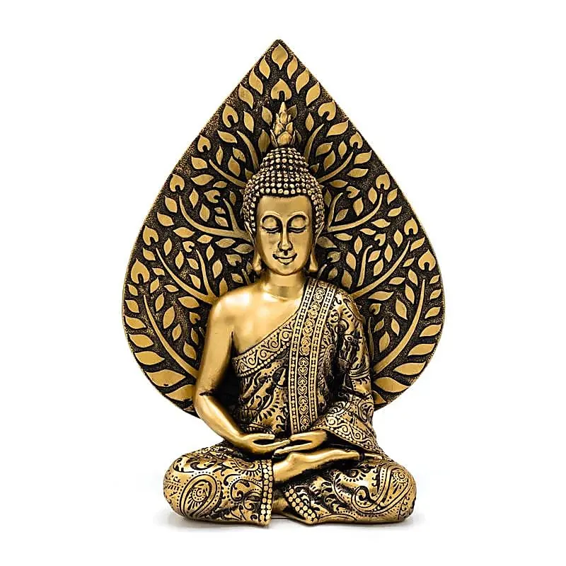 Meditatie Boeddhabeeld met Bodhiblad goudkleurig