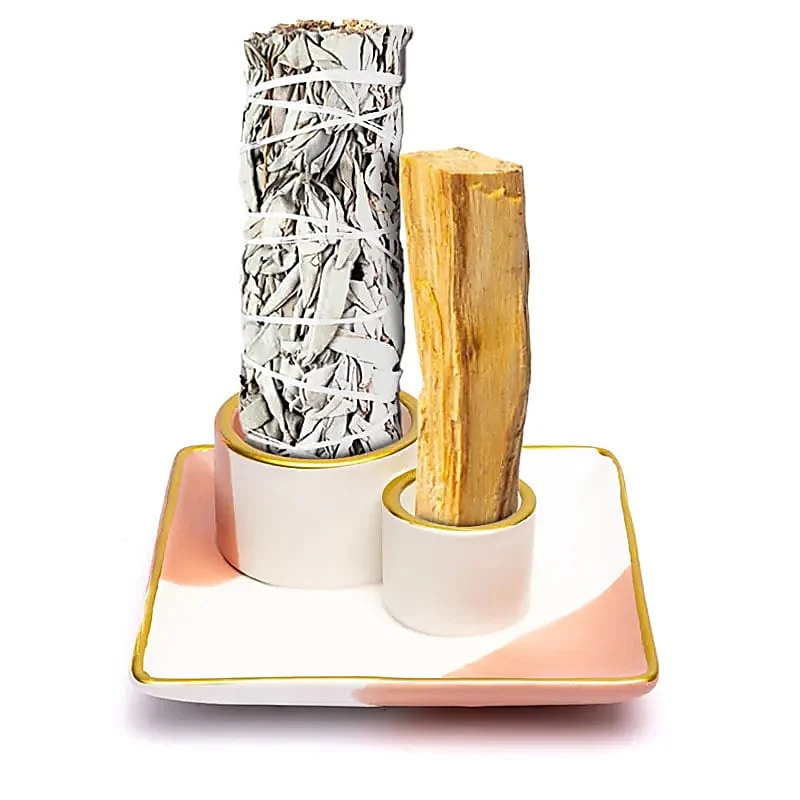 Keramische smudge en palo santo brander roze/wit/goud