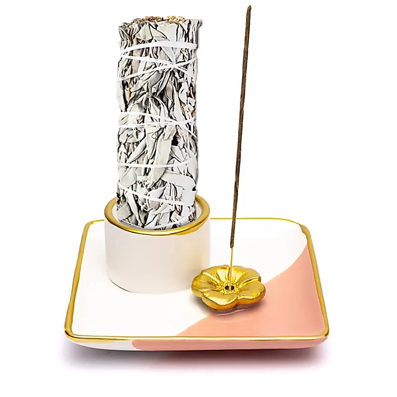 Keramische smudge en wierook brander bloem roze/wit/goud