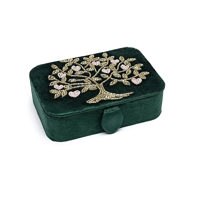 Sieraden / tarotdoos fluweel groen met Levensboom en harten