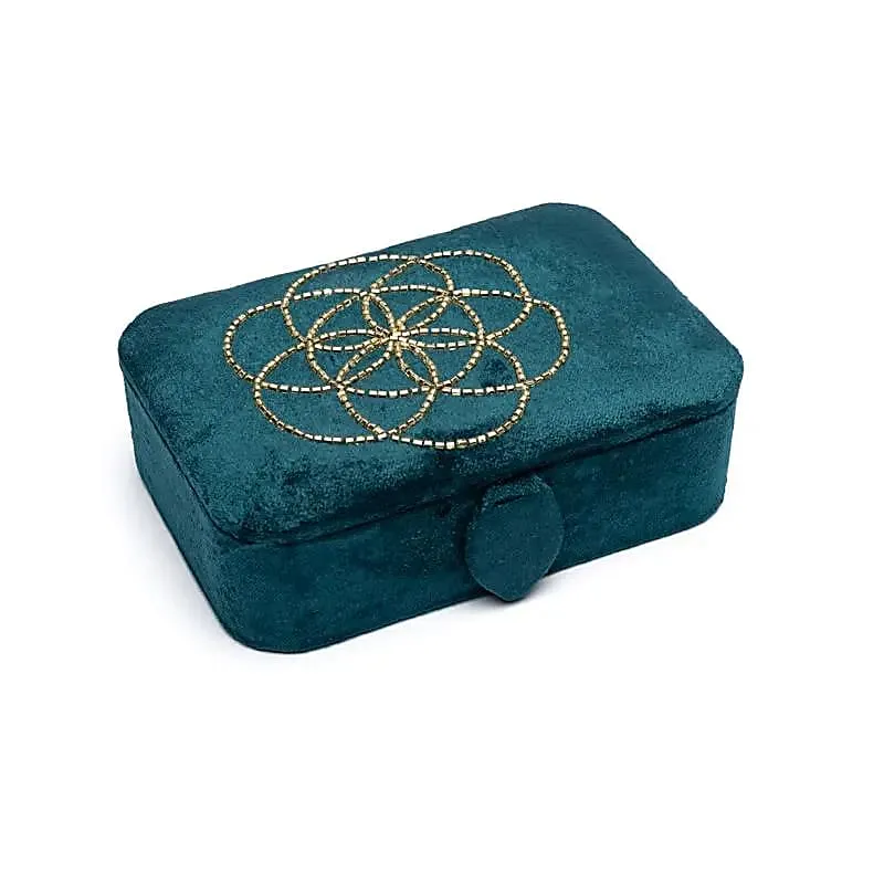 Sieraden / tarotdoos fluweel petrol met Seed of Life