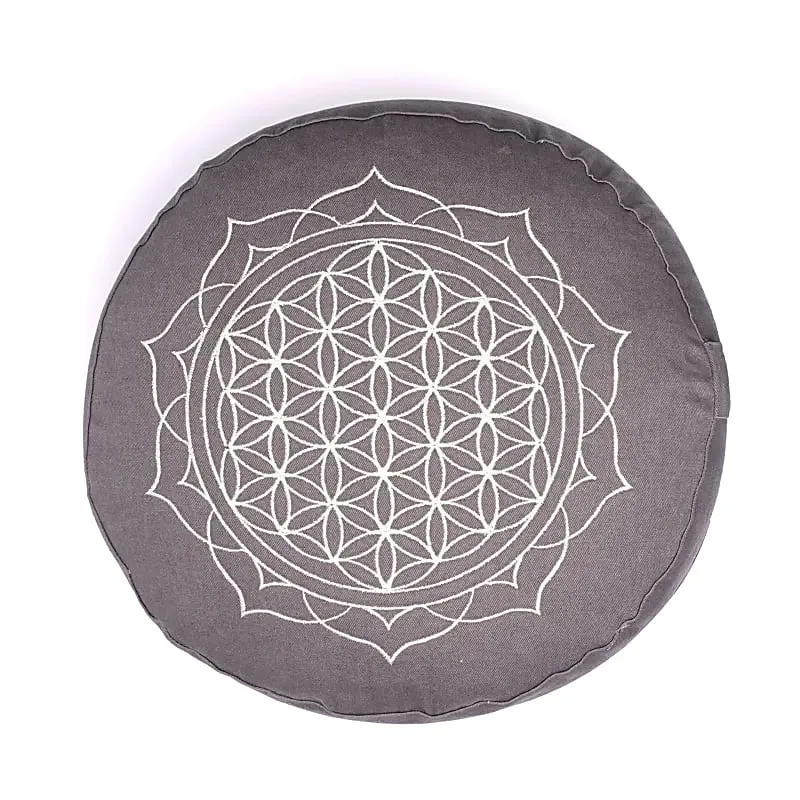 Meditatiekussen Bloem des levens mandala grijs biokatoen