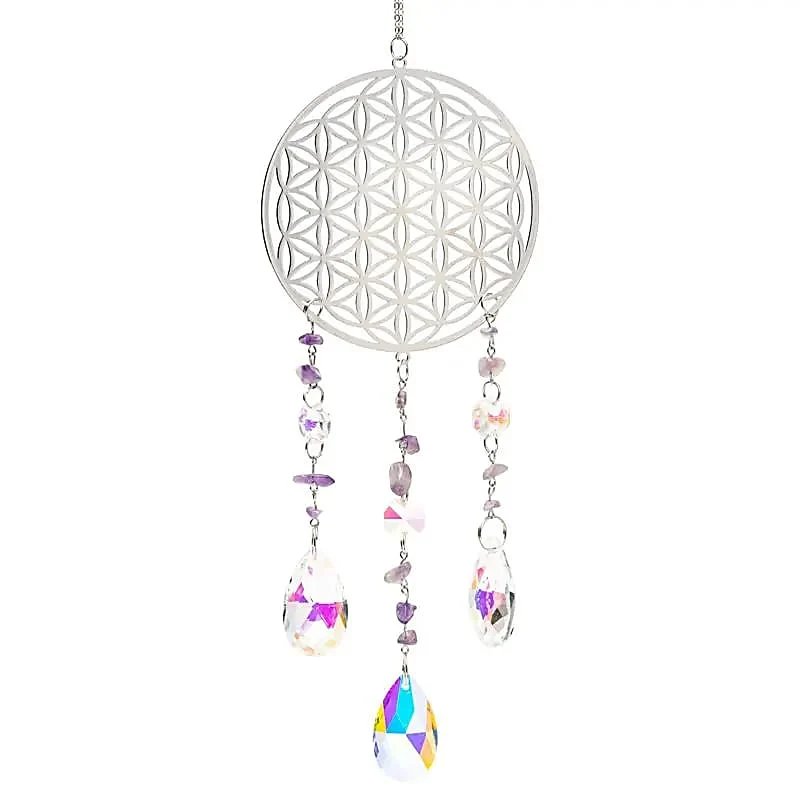 Suncatcher Bloem des Levens zilverkleurig met amethist