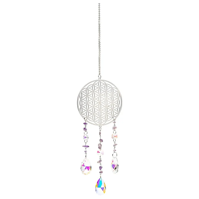 Suncatcher Bloem des Levens zilverkleurig met amethist
