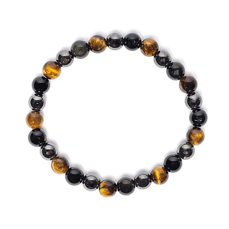 Armband voor brede pols met tijgeroog, hematiet en obsidiaan
