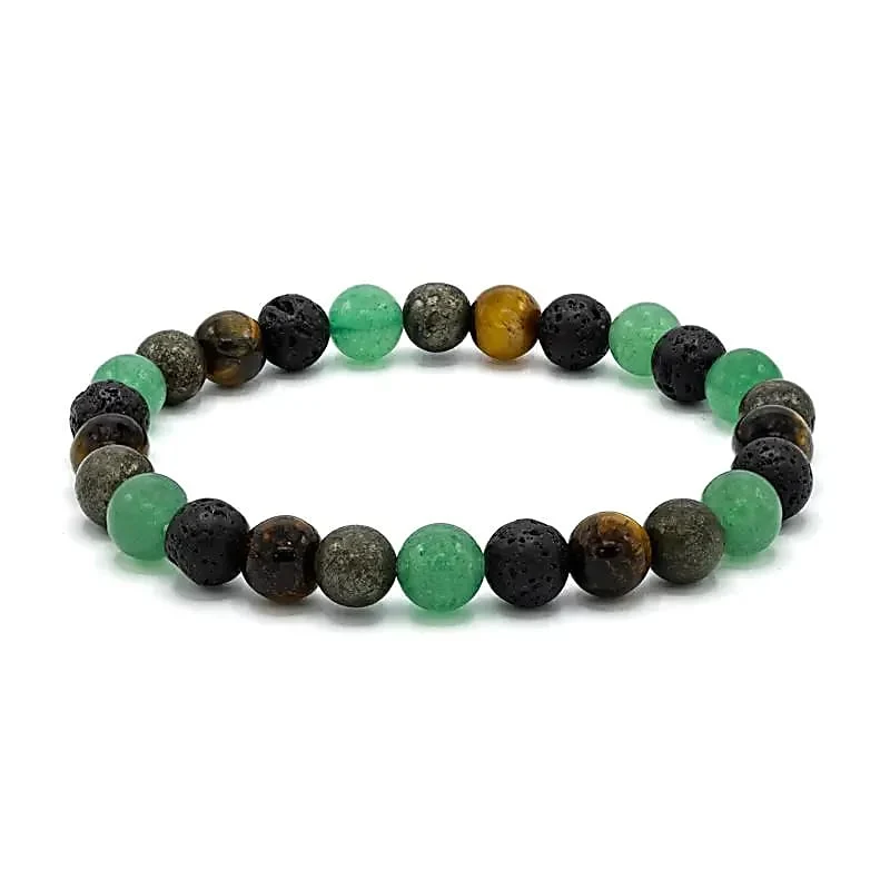 Armband voor brede pols met groene kwarts, lavasteen, tijgeroog en pyriet