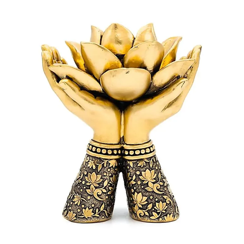Theelichthouder Lotus handen staand goudkleurig