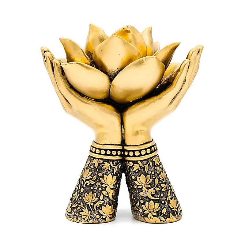 Theelichthouder Lotus handen staand goudkleurig