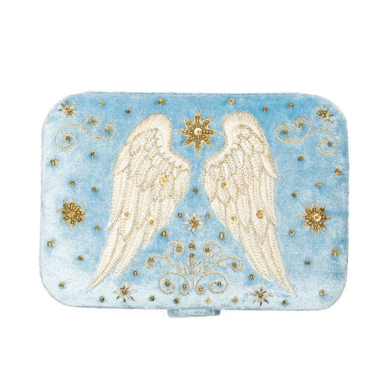 Sieraden / tarotdoos fluweel blauw met engelenvleugels