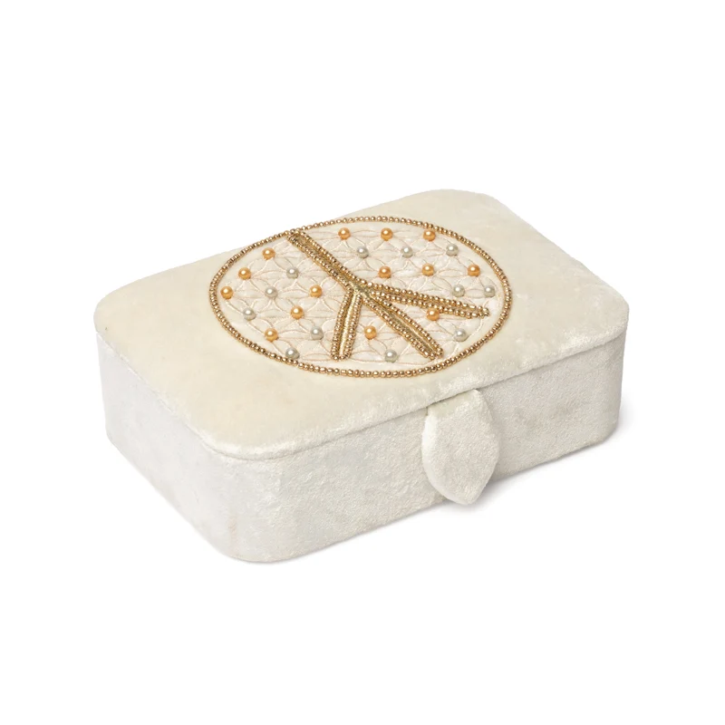 Sieraden / tarotdoos fluweel gebroken wit met Bloem des Levens vredesteken
