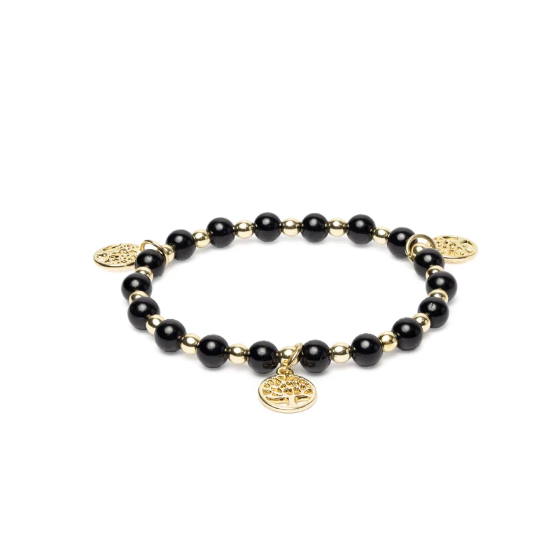 Armband zwarte toermalijn & hematiet met Levensboom bedels
