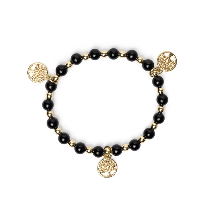 Armband zwarte toermalijn & hematiet met Levensboom bedels
