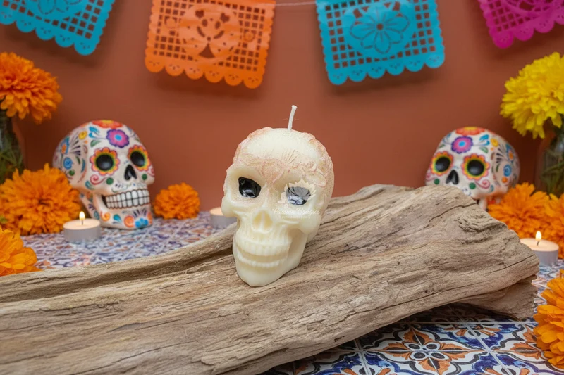 Bougie tête de mort florale
