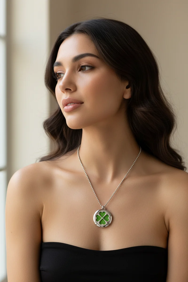 Collier Médaillon Trèfle Diffuseur d’Huiles Essentielles | Aromathérapie 30mm