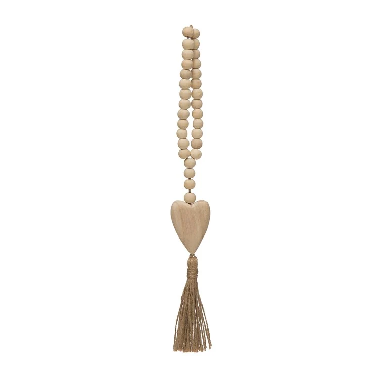 Paulowonia Wood Beads with Heart Pendant and Jute Tassel