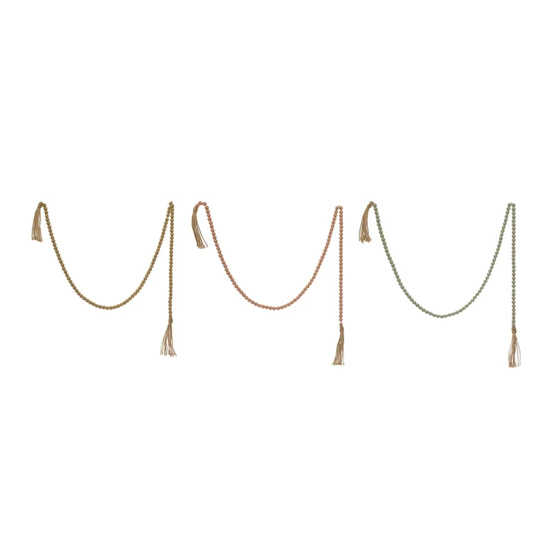 Paulownia Wood Bead Garland w/ Jute Tassel ~ 3 colors