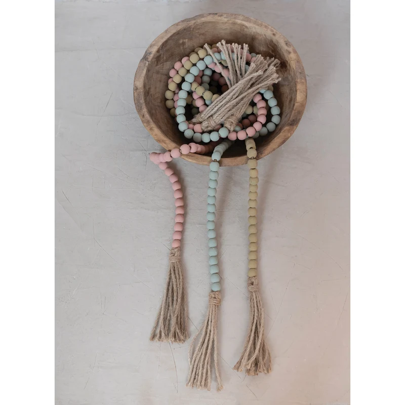 Paulownia Wood Bead Garland w/ Jute Tassel ~ 3 colors