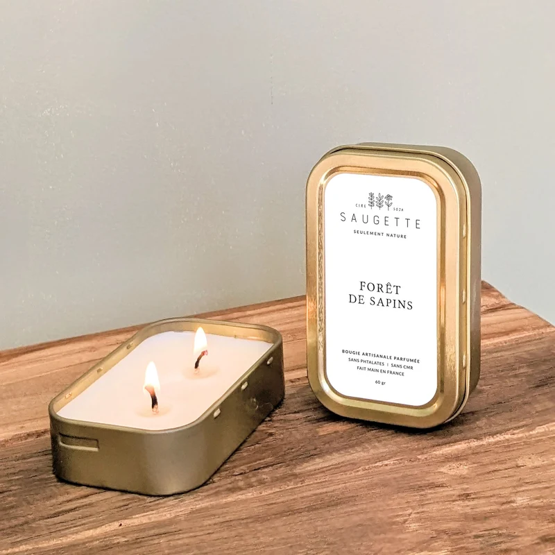 Forêt de sapins - Les p'tites Saugette - 2 mèches - Bougie artisanale parfumée à la cire de soja naturelle