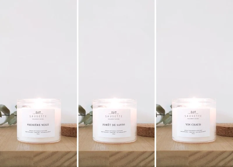 Vive le vent d'hiver - Assortiment de 3 bougies artisanales parfumées à la cire de soja naturelle - Première neige, Forêt de sapins, Vin chaud