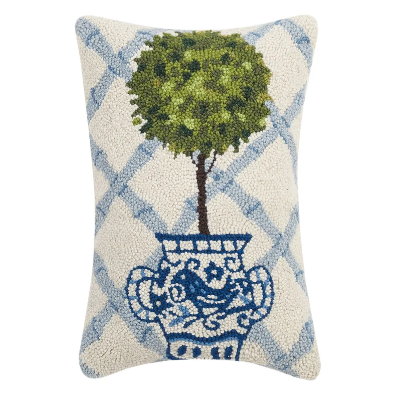 Ball Topiary Hook Pillow ~ Blue Trellis Pattern