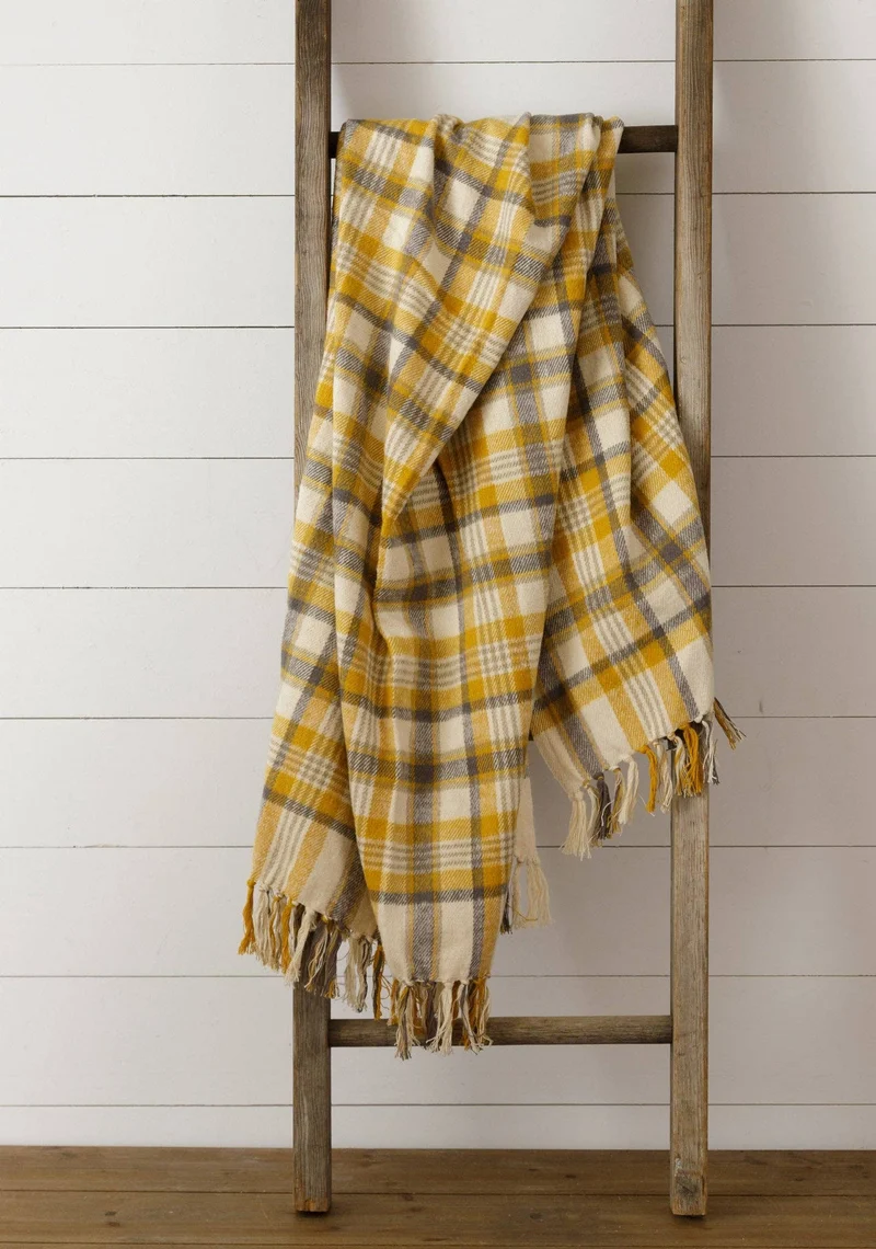 Brushed Cotton Flannel Throw - Mustard & Warm Gray