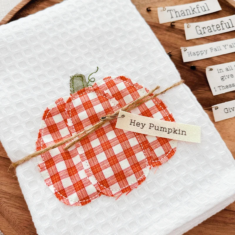 Fall Fabric Appliqué Dish Towel - Orange Gingham Pumpkin - 3 Styles
