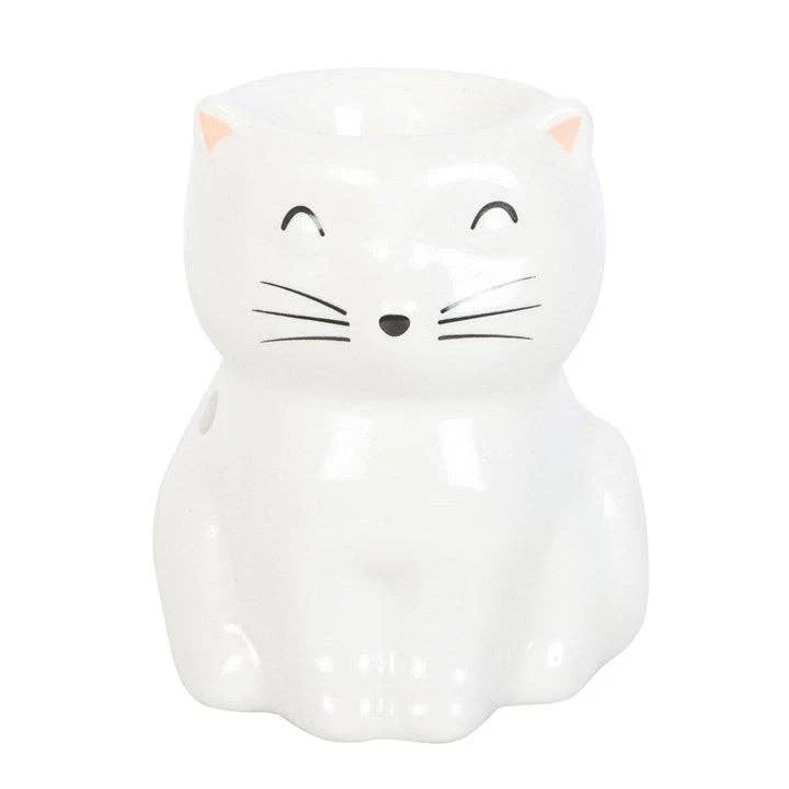 Brûle-parfum Chat Heureux blanc en céramique