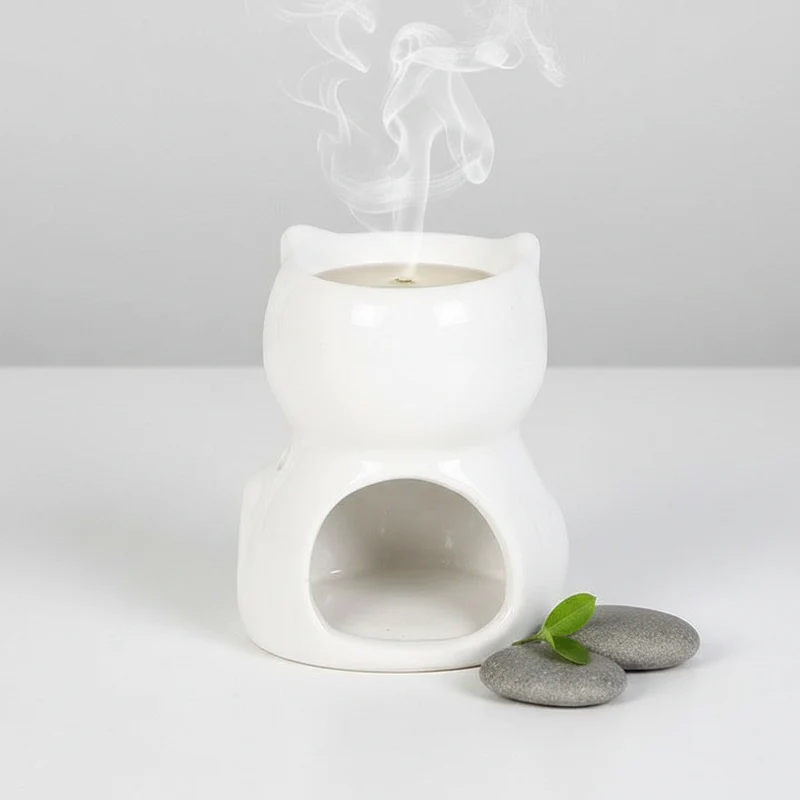 Brûle-parfum Chat Heureux blanc en céramique