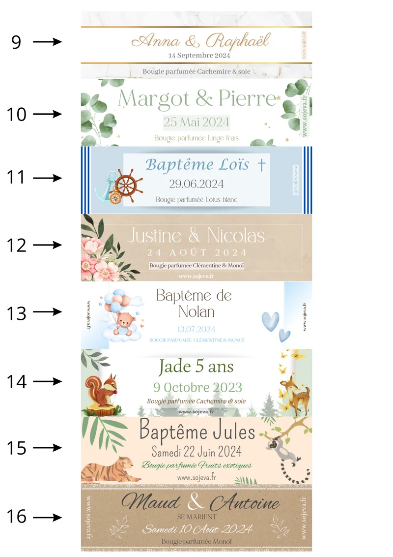 Mini bougies personnalisées mariage, baptême & événements | Soj’Eva