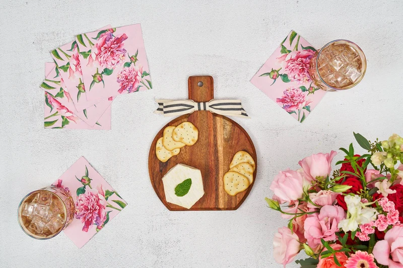 Acacia Wood Board with Pink Peonies Napkins