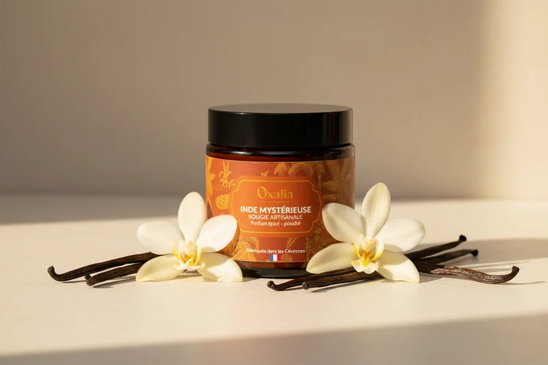 Bougie Artisanale Inde Mystérieuse – Cire Soja & Cire d'Abeille – Parfum Épicé Poudré – 100g – Oxalia