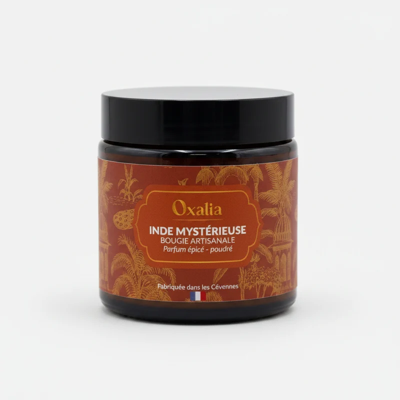 Bougie Artisanale Inde Mystérieuse – Cire Soja & Cire d'Abeille – Parfum Épicé Poudré – 100g – Oxalia