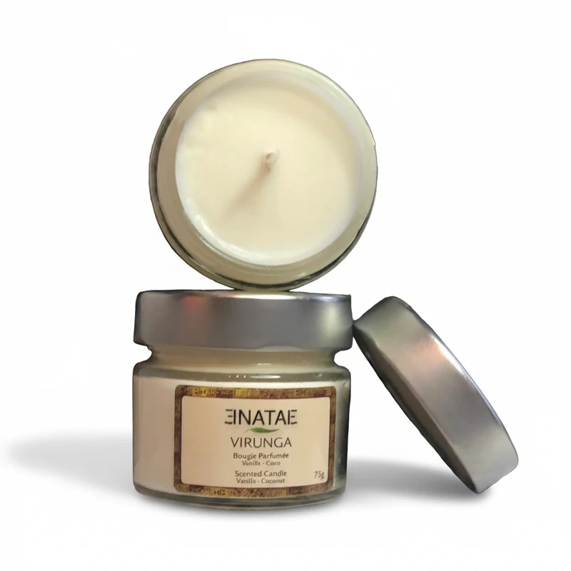 Bougie Parfumée VIRUNGA – Vanille & Noix de Coco – Cire Végétale Soja & Coco – 20h – 75g – ENATAE