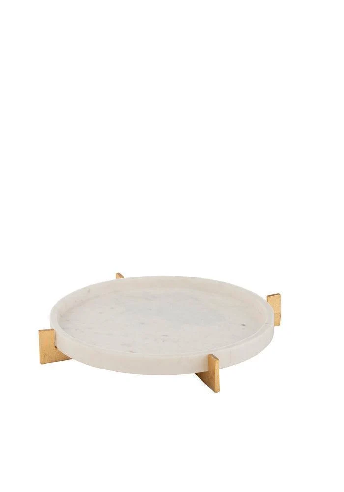 Plateau Rond Marbre Blanc et Pieds Dorés